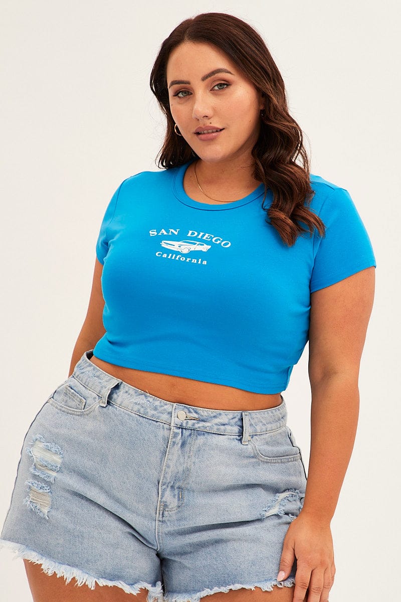 Blue Crew Neck Short Sleeve Crop Top for YouandAll Fashion
