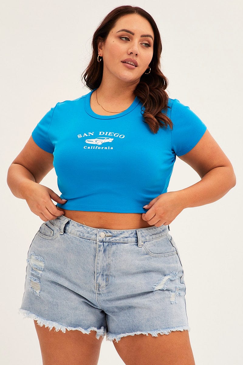 Blue Crew Neck Short Sleeve Crop Top for YouandAll Fashion