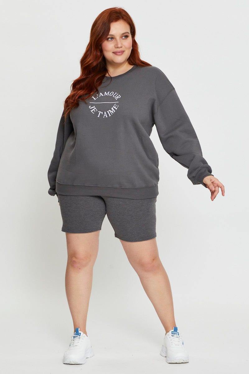 Grey Fleece Sweatshirt L'Amour Embroidered Long Sleeve For Women By You And All
