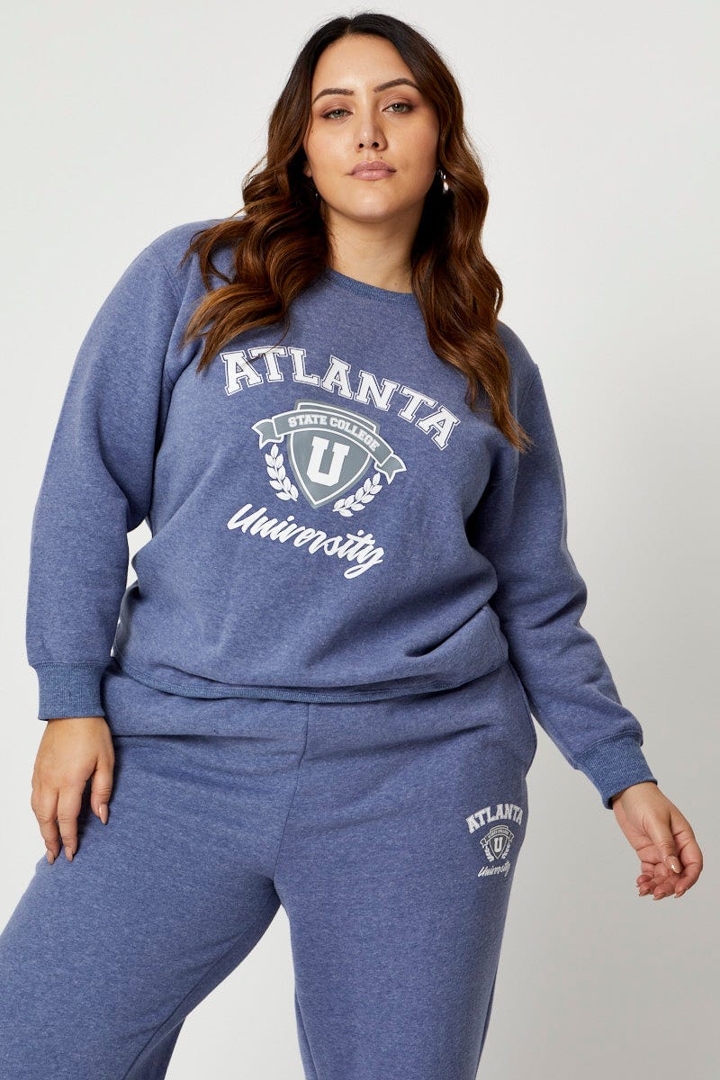 Blue Fleece Sweatshirt Atlanta Embroidered Long Sleeve For Women By You And All