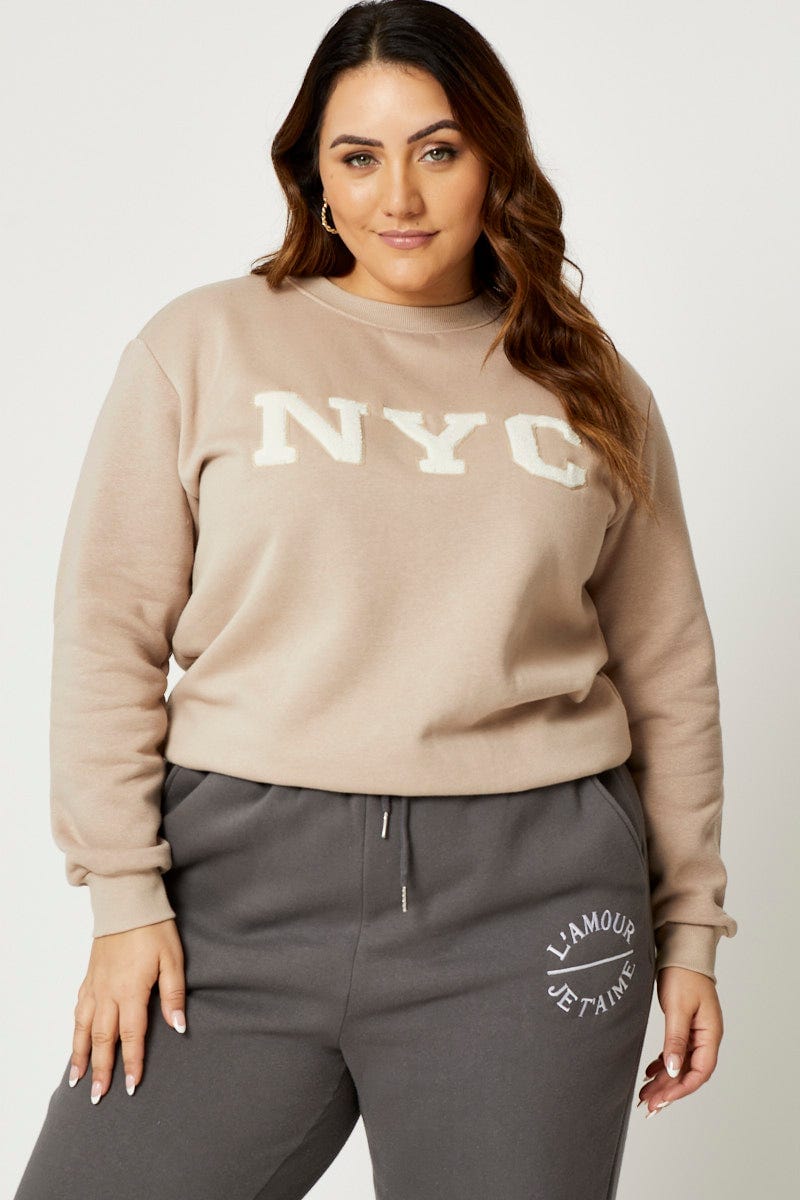 Camel Fleece Sweatshirt Nyc Applique Long Sleeve For Women By You And All