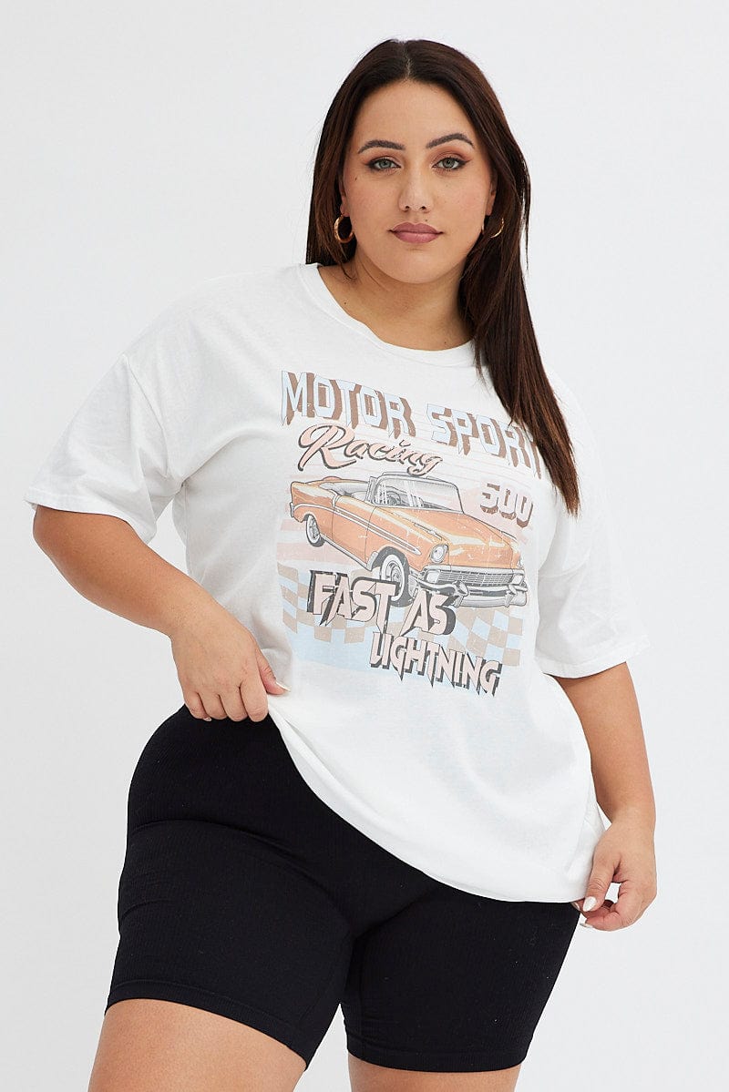 White Graphic T-Shirt Car Print Oversized Cotton for YouandAll Fashion