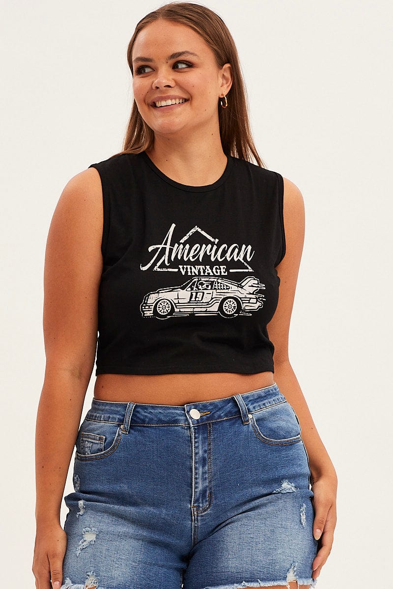 Black American Car Sleeveless Contrast Graphic Tank Top for YouandAll Fashion