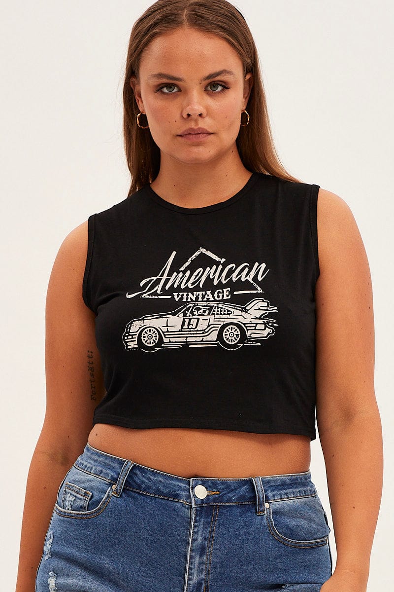 Black American Car Sleeveless Contrast Graphic Tank Top for YouandAll Fashion