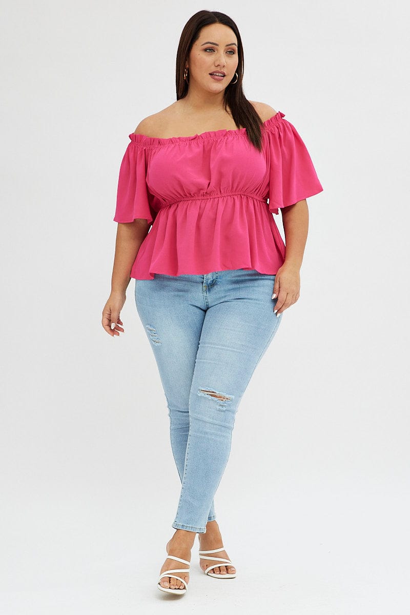 Pink Bardot Top Short Sleeve Off Shoulder for YouandAll Fashion