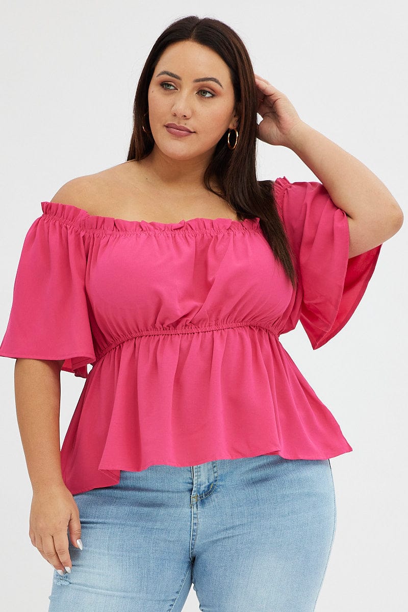 Pink Bardot Top Short Sleeve Off Shoulder for YouandAll Fashion