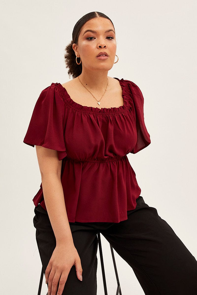 WINE Textured Top Off Shoulder Crepe Jersey