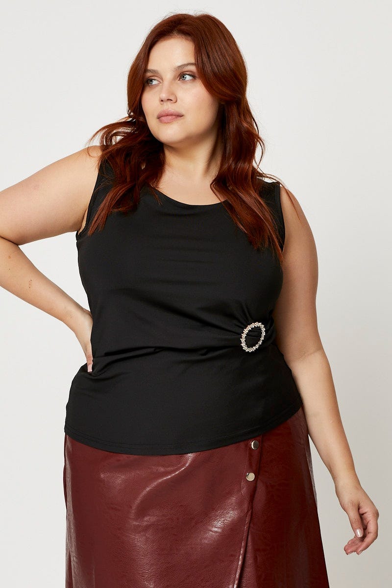 Black Dressy Buckle Detail Round Neck Lace Tank Top For Women By You And All