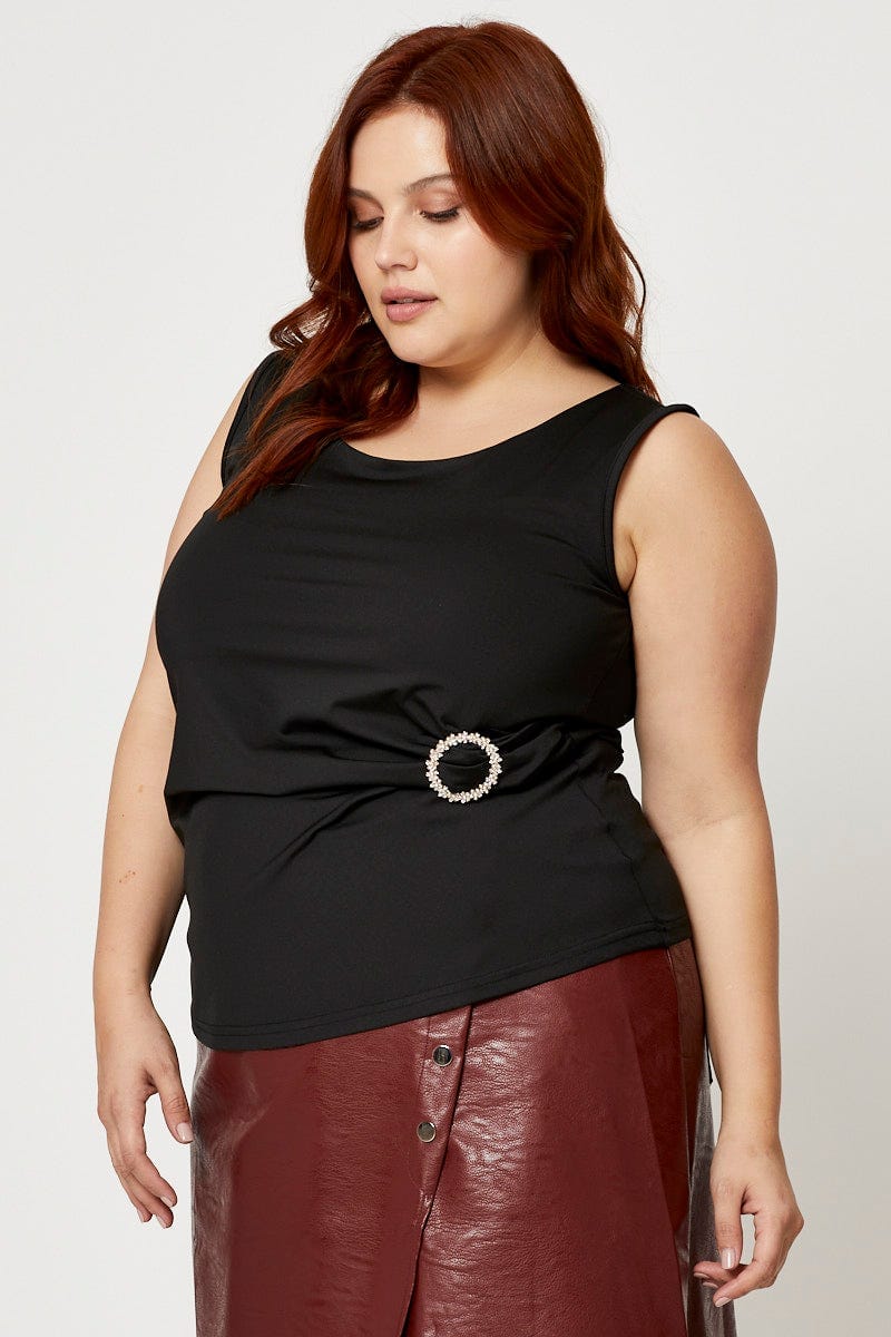 Black Dressy Buckle Detail Round Neck Lace Tank Top For Women By You And All
