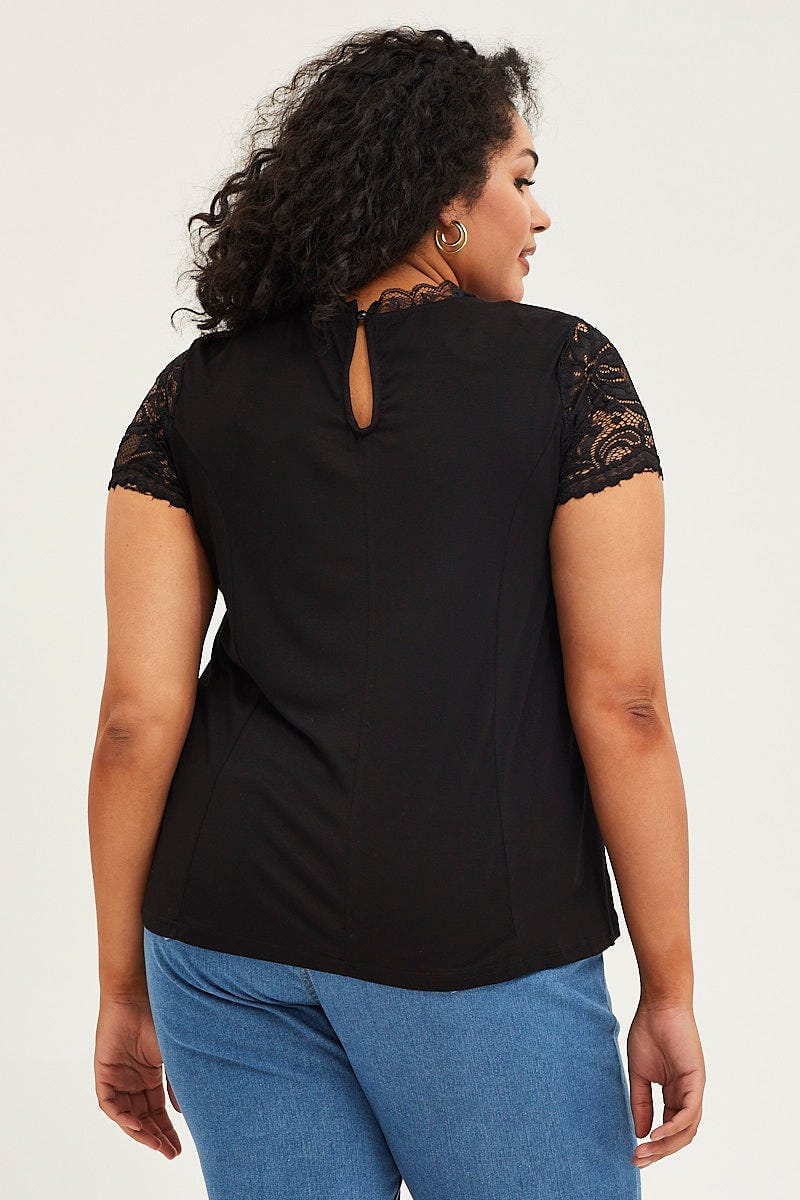 Black Short Sleeve Lace Trim Top For Women By You And All