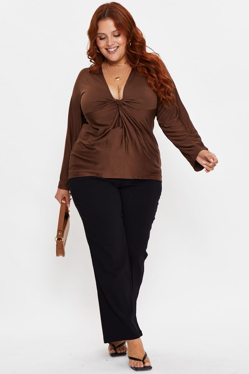 Brown Sleeve Top Twist Front V-Neck Long for Women by You and All