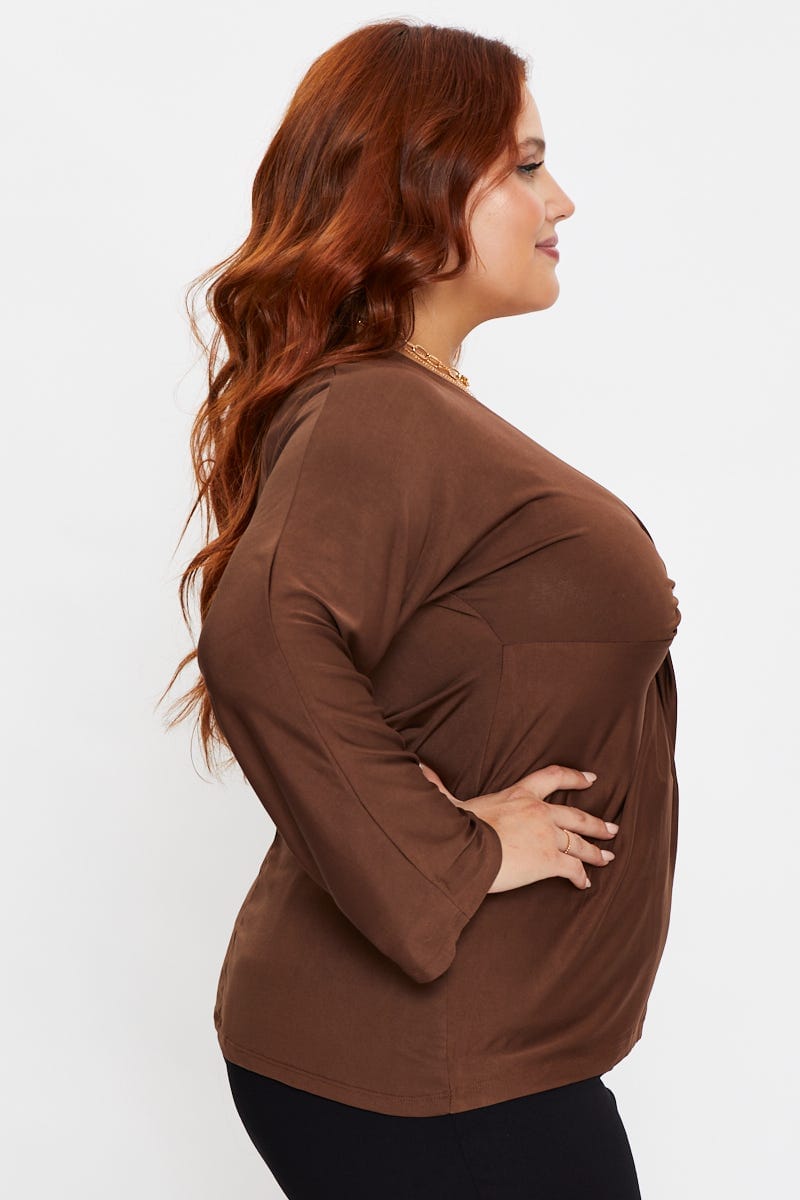 Brown Sleeve Top Twist Front V-Neck Long for Women by You and All