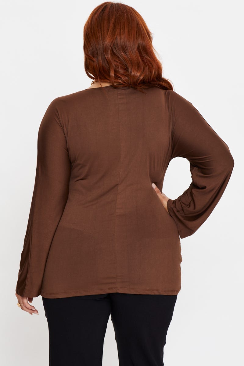 Brown Sleeve Top Twist Front V-Neck Long for Women by You and All