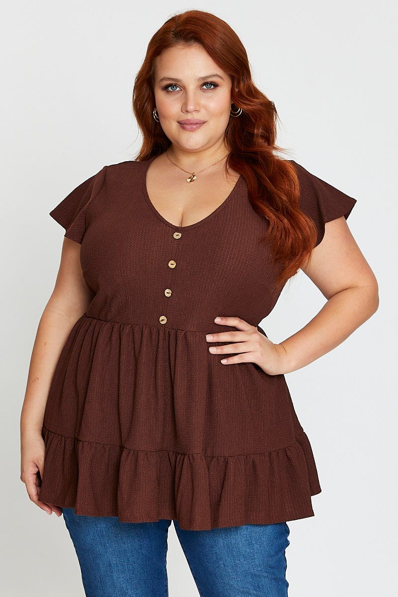 Brown Short Sleeve Textured Jersey Button Ruffle Top For Women By You And All