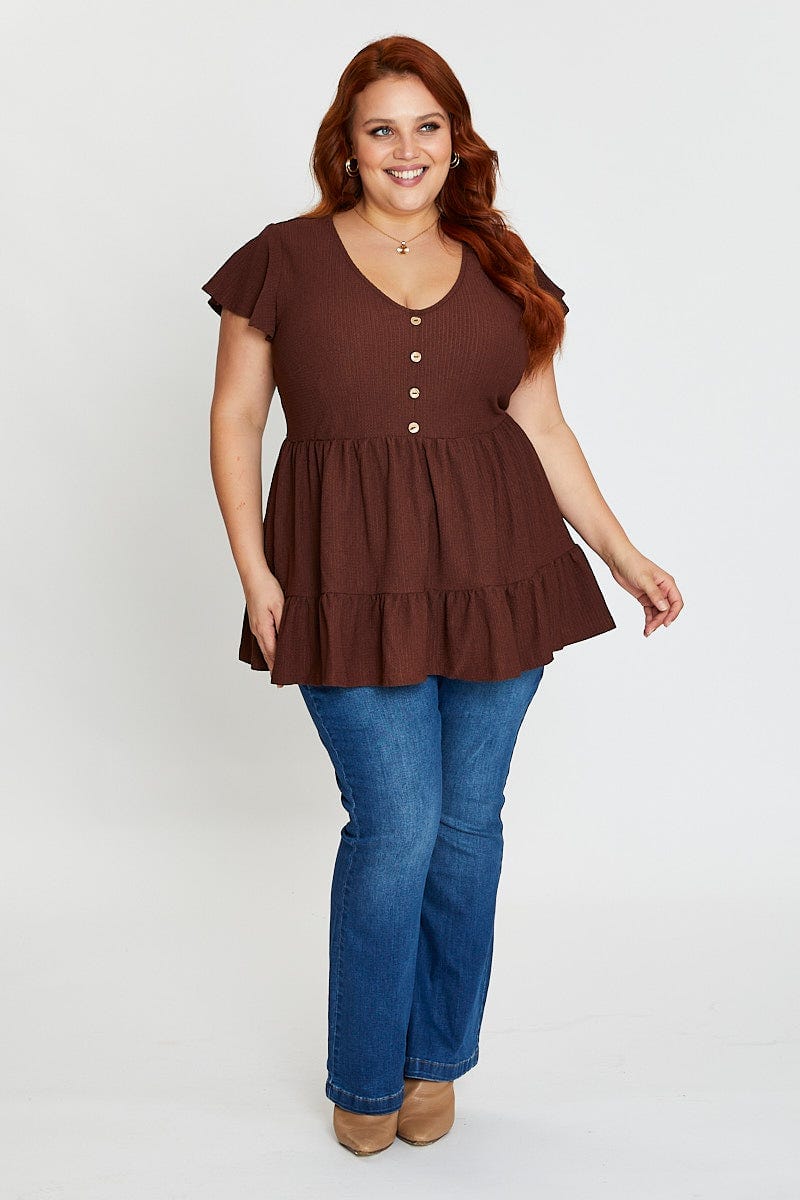 Brown Short Sleeve Textured Jersey Button Ruffle Top For Women By You And All