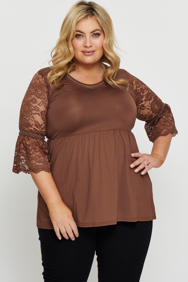 Brown Hem Top Lace V-Neck Three-Quarter Sleeve Gathered for Women by You and All