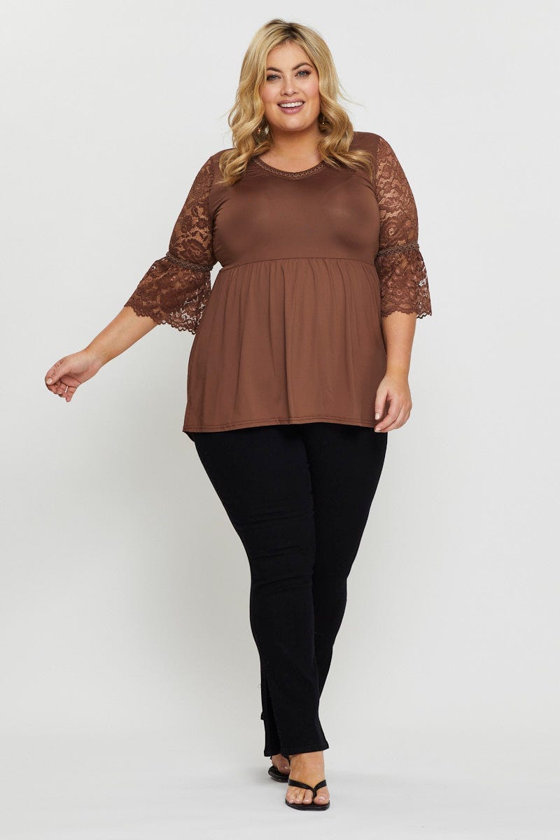 Brown Hem Top Lace V-Neck Three-Quarter Sleeve Gathered for Women by You and All