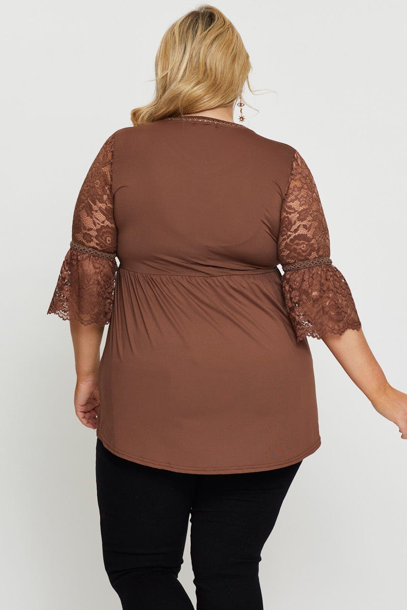 Brown Hem Top Lace V-Neck Three-Quarter Sleeve Gathered for Women by You and All