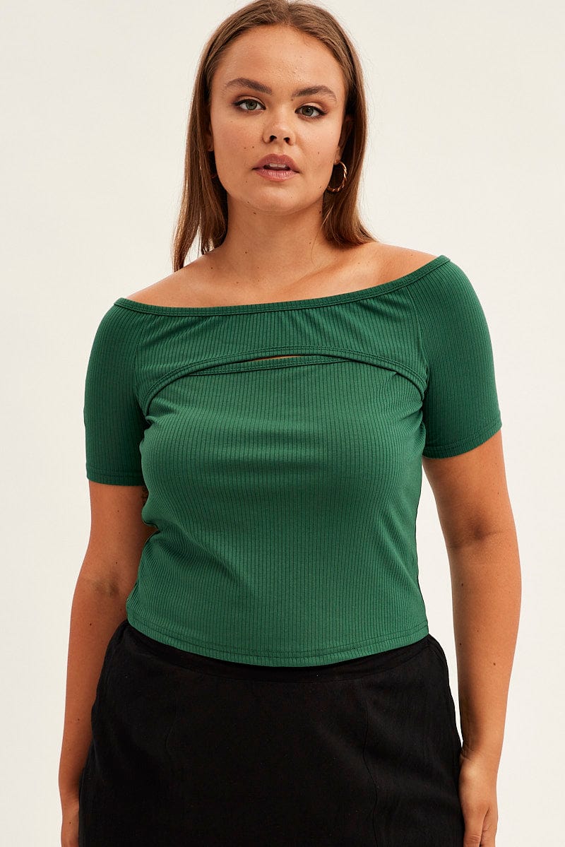 Green Crop Top Short Sleeve Cutout Off Shoulder Rib for YouandAll Fashion