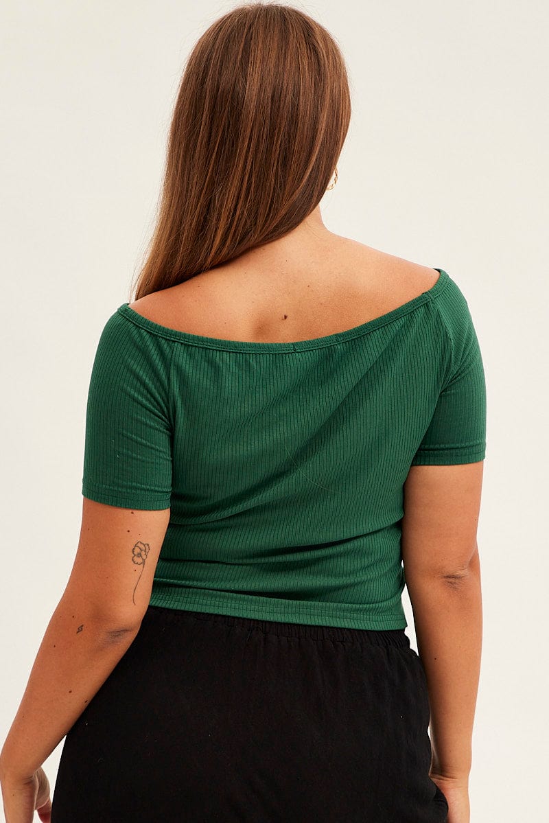 Green Crop Top Short Sleeve Cutout Off Shoulder Rib for YouandAll Fashion