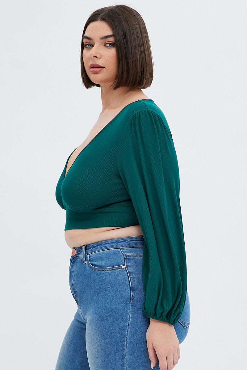 Green 3/4 Sleeve Cross Back Rib Jersey V Neck Top for YouandAll Fashion