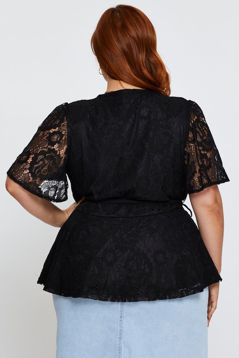 Black Peplum Top Lace Flutter Sleeve Wrap Front Tie For Women By You And All