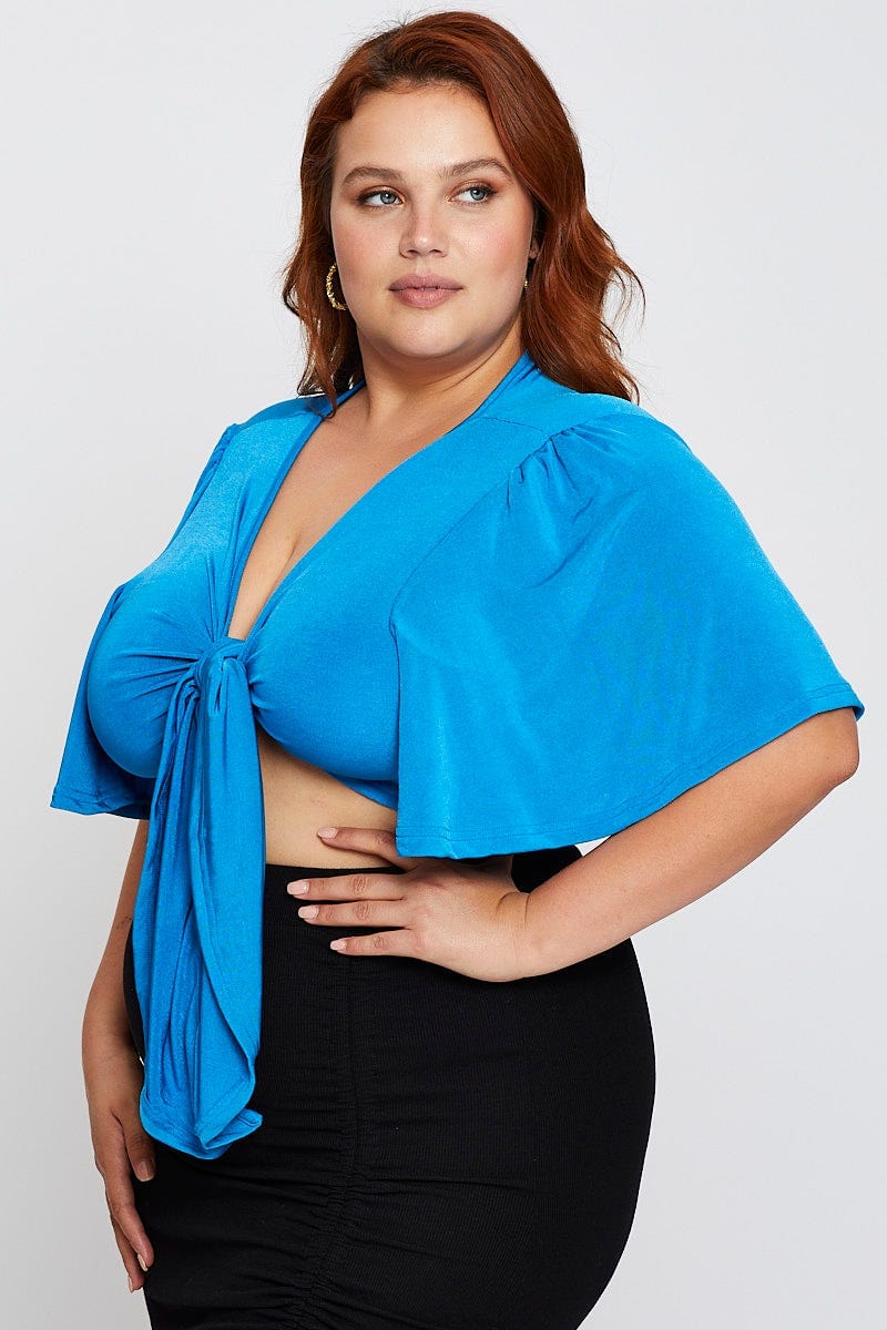 Blue Short Flare Sleeve Front Tie Crop Top for Women by You and All