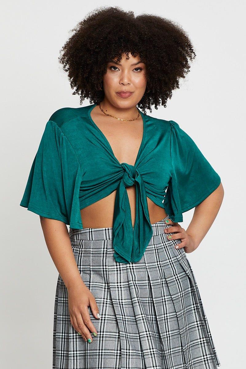 Green Short Flare Sleeve Front Tie Crop Top For Women By You And All