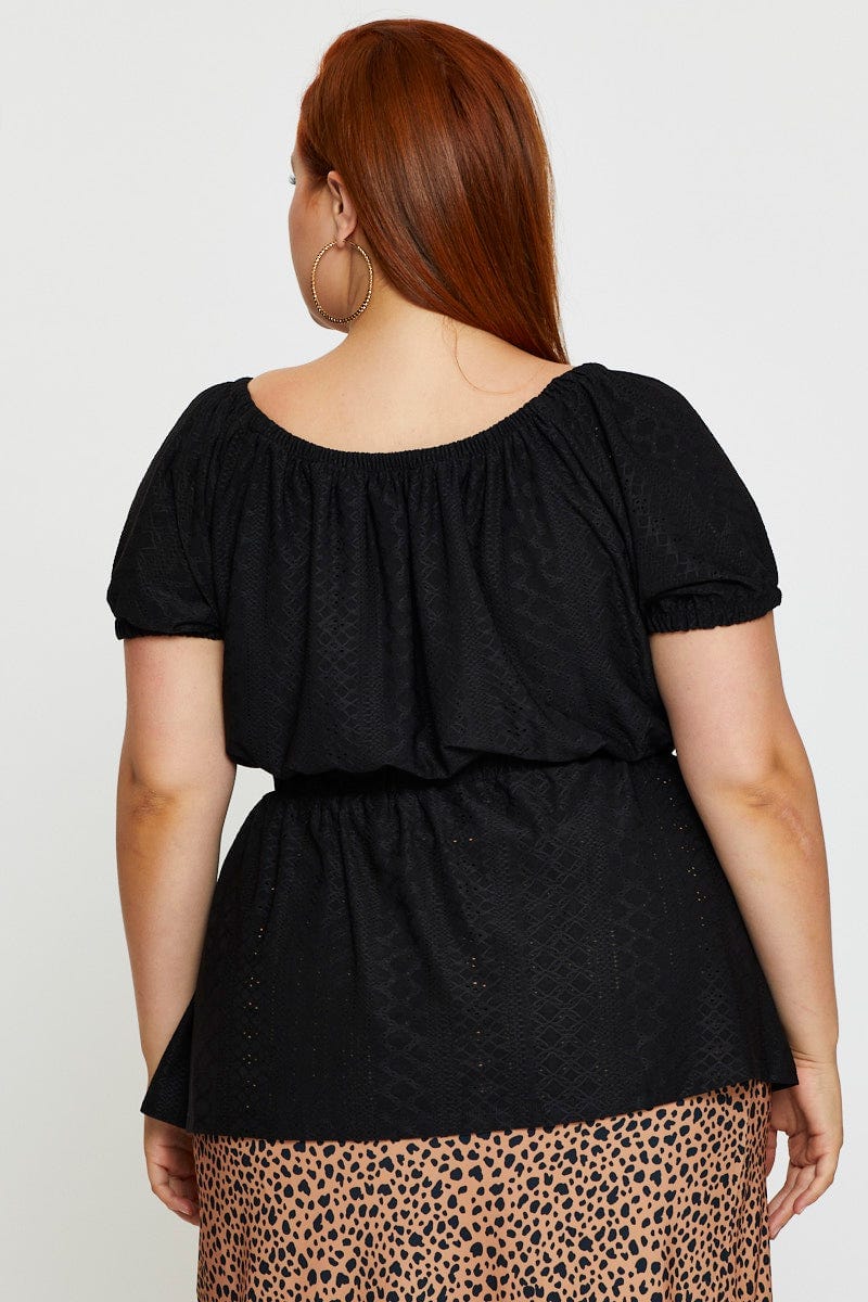 Black Eyelet Top Round Neck Puff Sleeve For Women By You And All