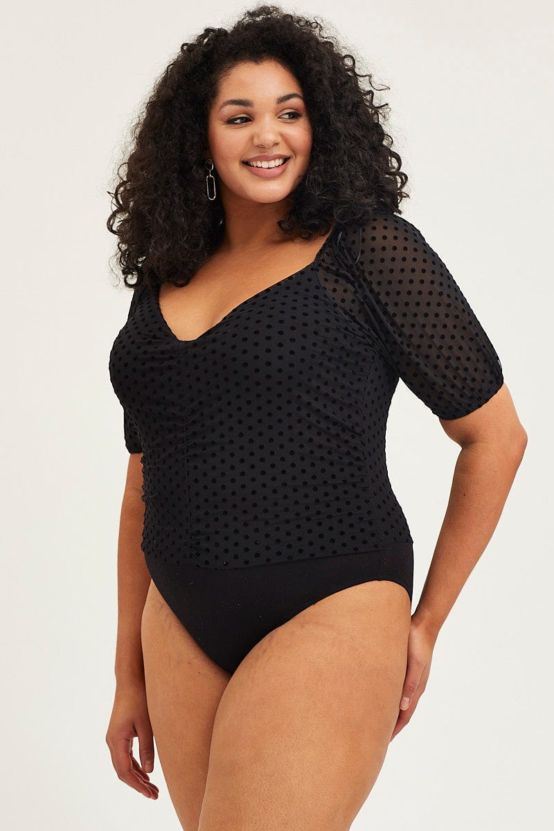 Plus Size Black Short Sleeve Spot Mesh Bodysuit You All Shop