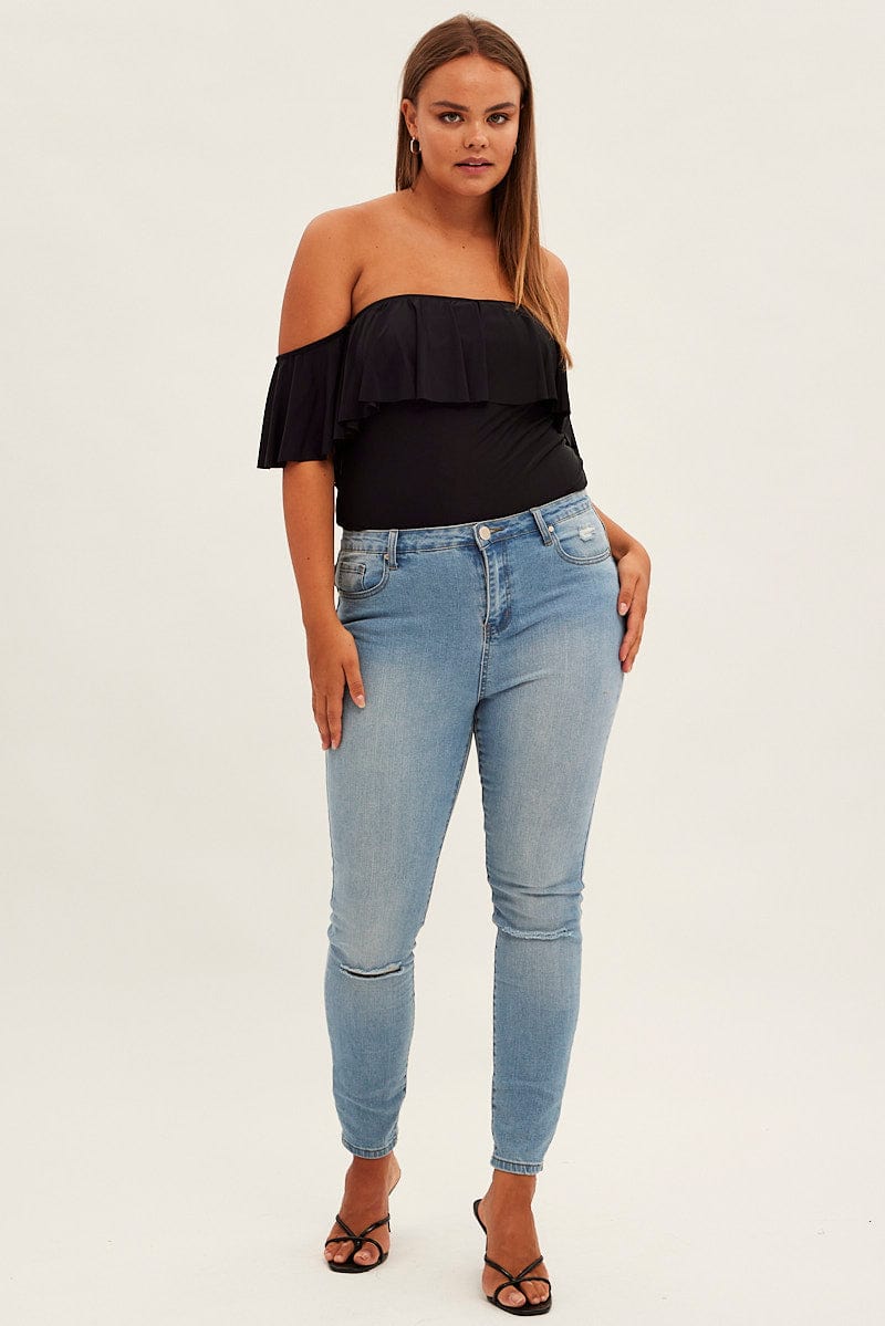 Black Frill Bodysuit Off Shoulder Frill Jersey for YouandAll Fashion