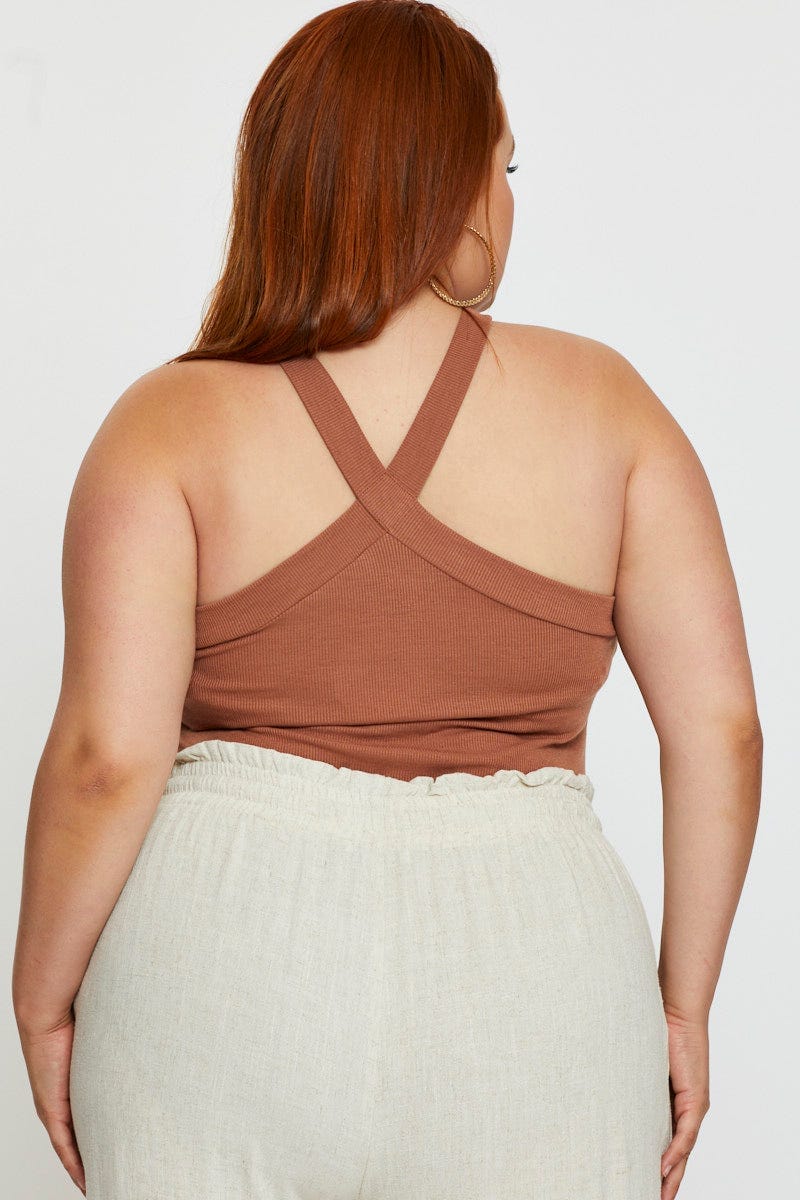 Plus Size Beige Jersey Bodysuit Cross Front Halter |You All