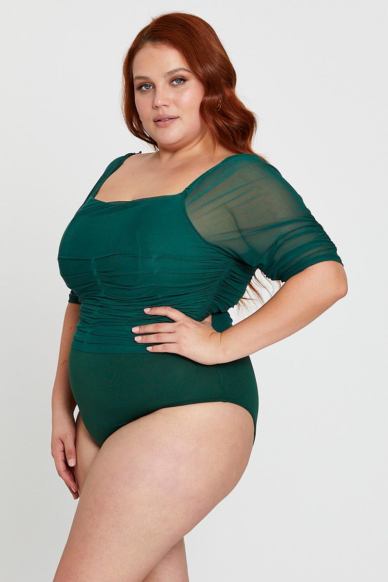 Plus Size Green Sleeve Bodysuit Ruched Bodice Three-Quarter You