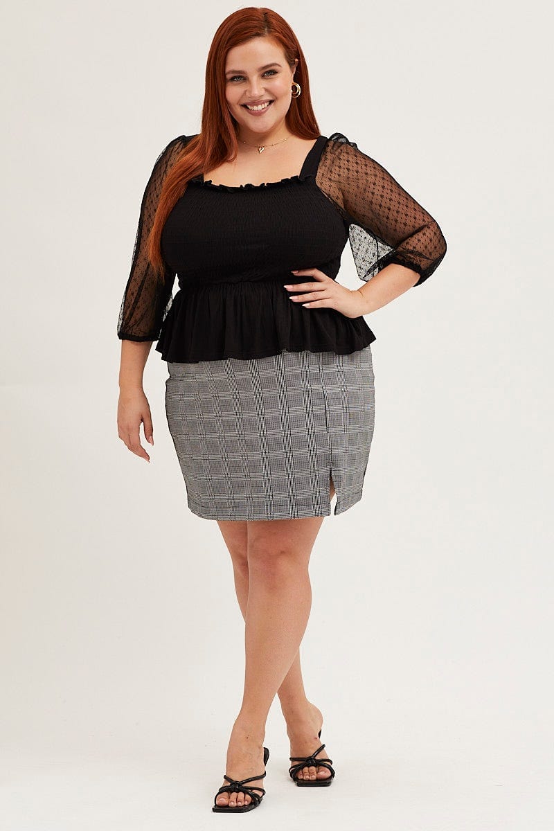 Plus Size Black 3/4 Lace Sleeve Rib Jersey Peplum Top You All