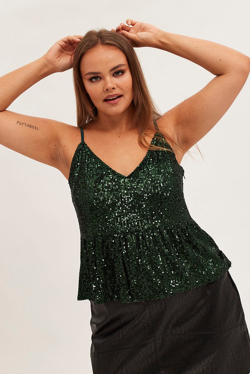 Green Sequin Camisole Top Shoestring Strap Peplum for YouandAll Fashion
