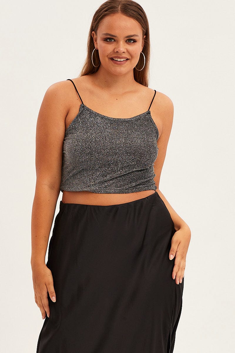 Black Crop Top Scoop Neck Strappy Lurex for YouandAll Fashion