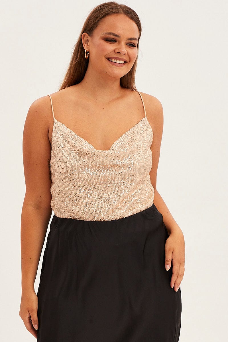 Gold Cocktail Party Top Sleeveless Cowl Neck Sequin for YouandAll Fashion