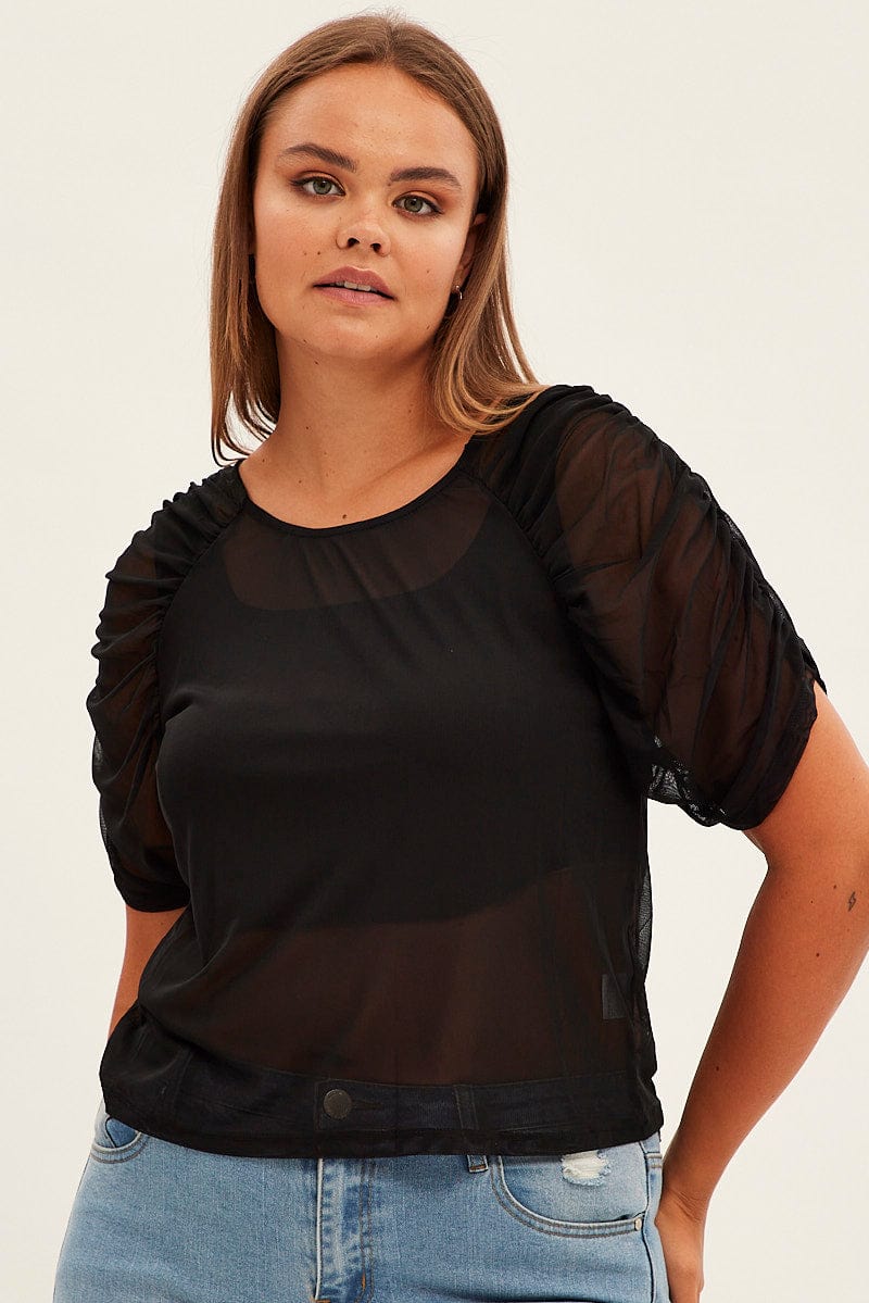 Black Mesh Top Ruched Sleeve Sheer Round Neck for YouandAll Fashion