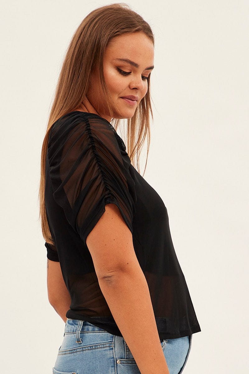 Black Mesh Top Ruched Sleeve Sheer Round Neck for YouandAll Fashion