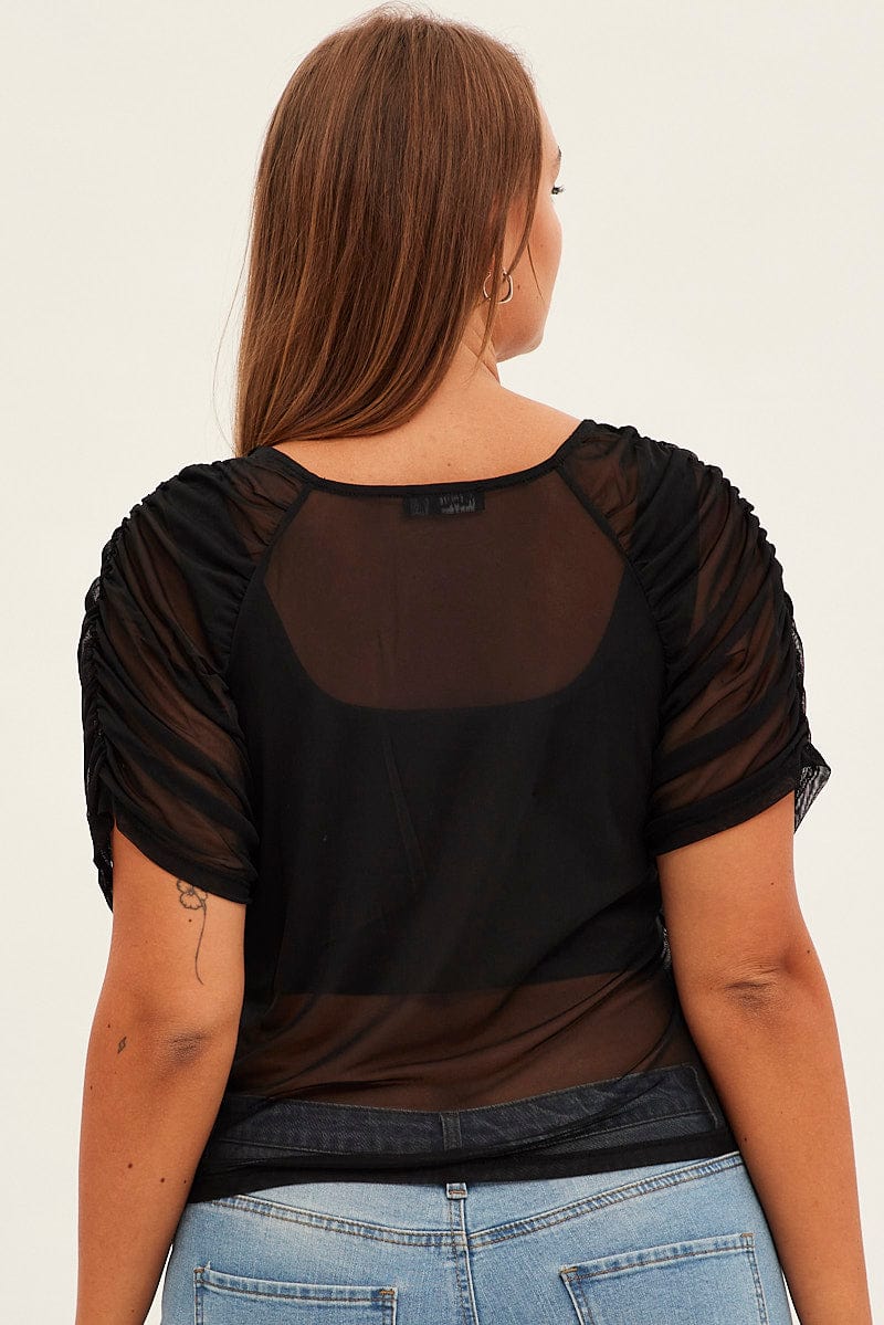 Black Mesh Top Ruched Sleeve Sheer Round Neck for YouandAll Fashion