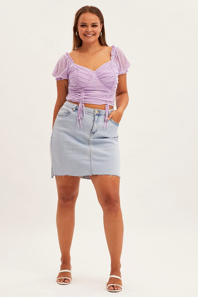 Purple Crop Top Short Sleeve Mesh Ruched for YouandAll Fashion