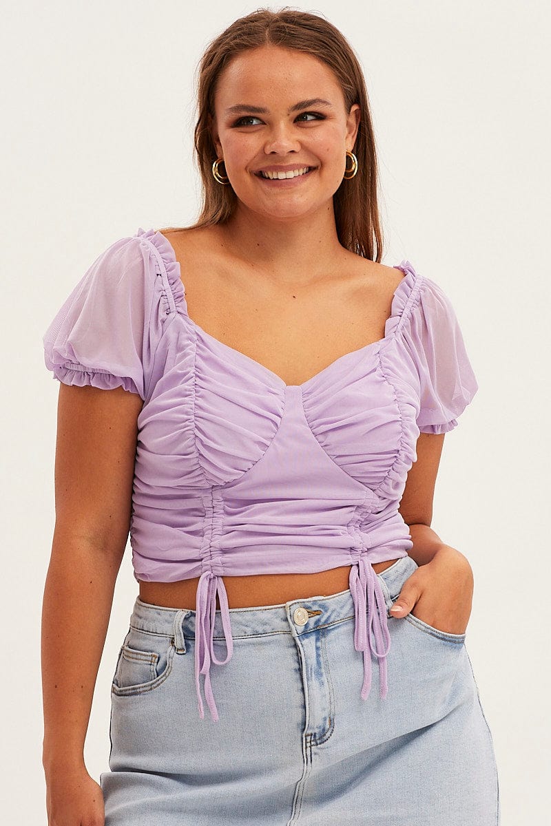 Purple Crop Top Short Sleeve Mesh Ruched for YouandAll Fashion