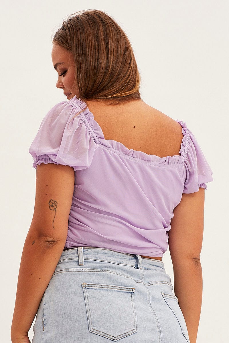 Purple Crop Top Short Sleeve Mesh Ruched for YouandAll Fashion