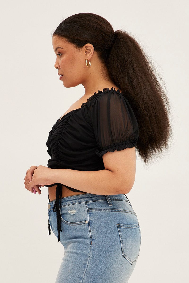 Black Crop Top Short Sleeve Mesh Ruched for YouandAll Fashion