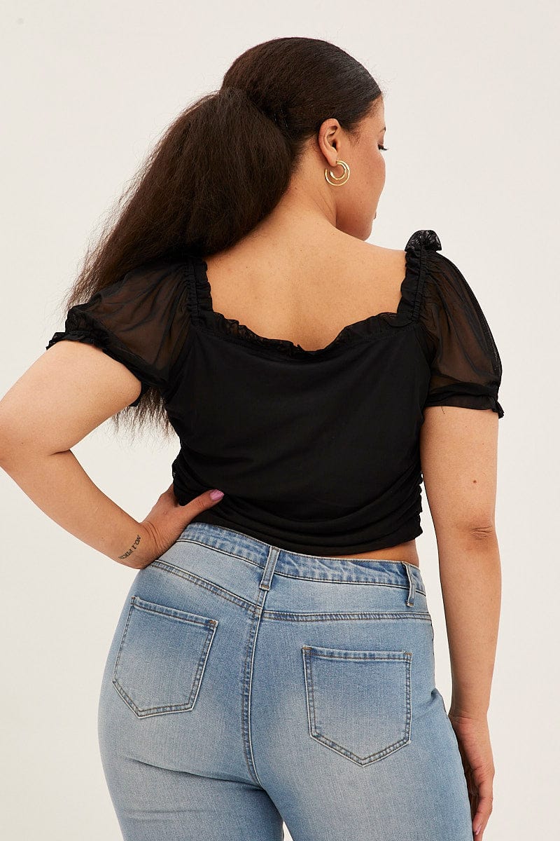 Black Crop Top Short Sleeve Mesh Ruched for YouandAll Fashion