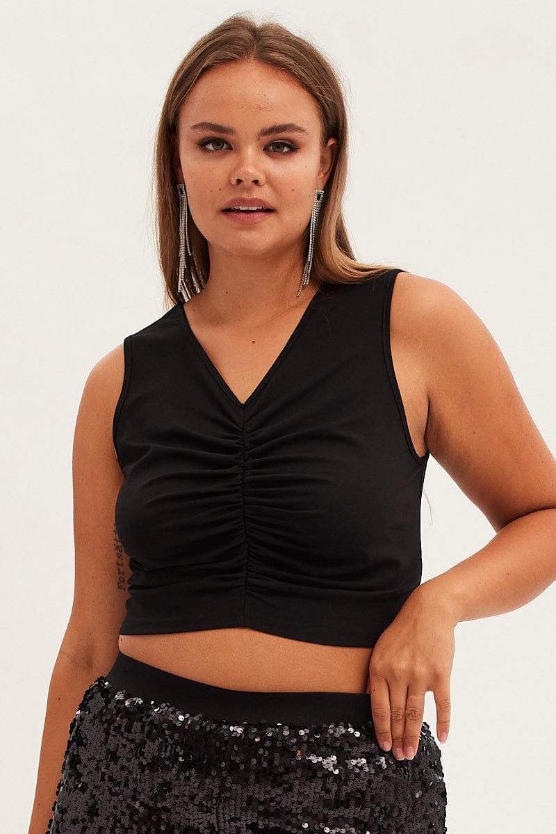 Black Crop Top Sleeveless Gather Front Jersey for YouandAll Fashion