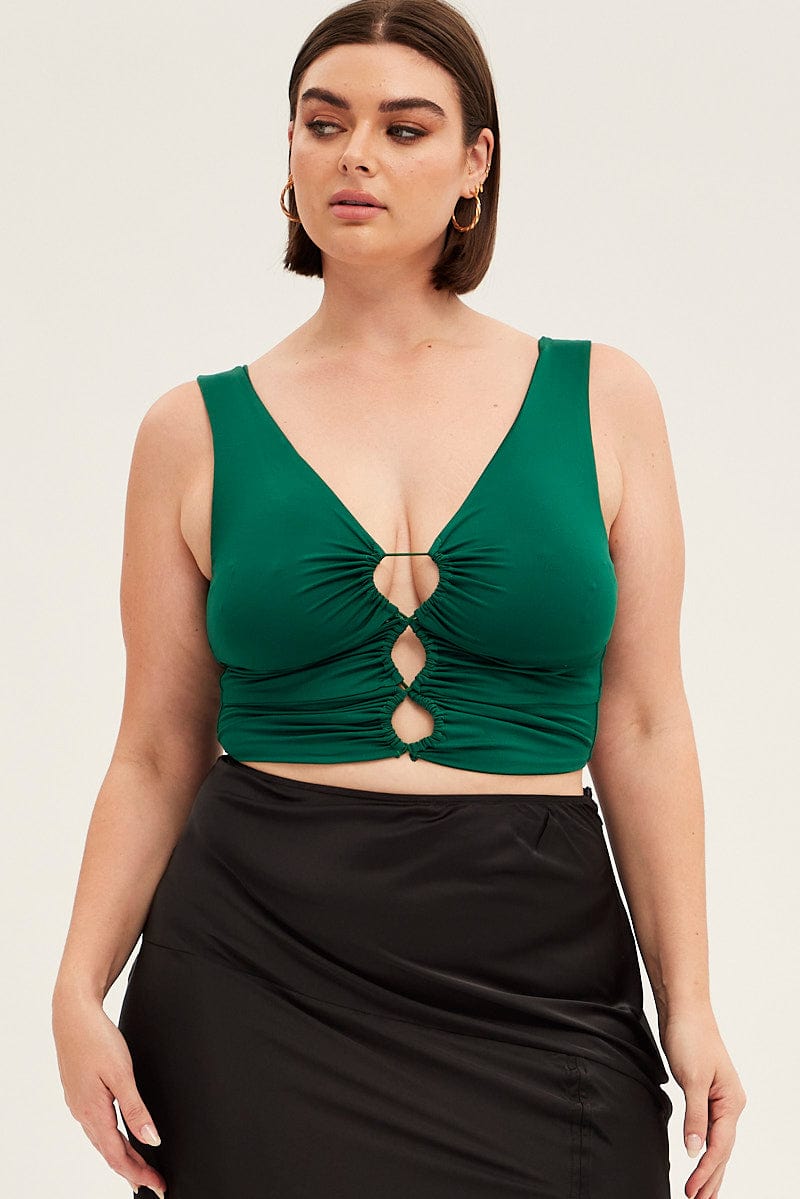 Green Crop Top Sleeveless Peephole Front Detail Jersey for YouandAll Fashion