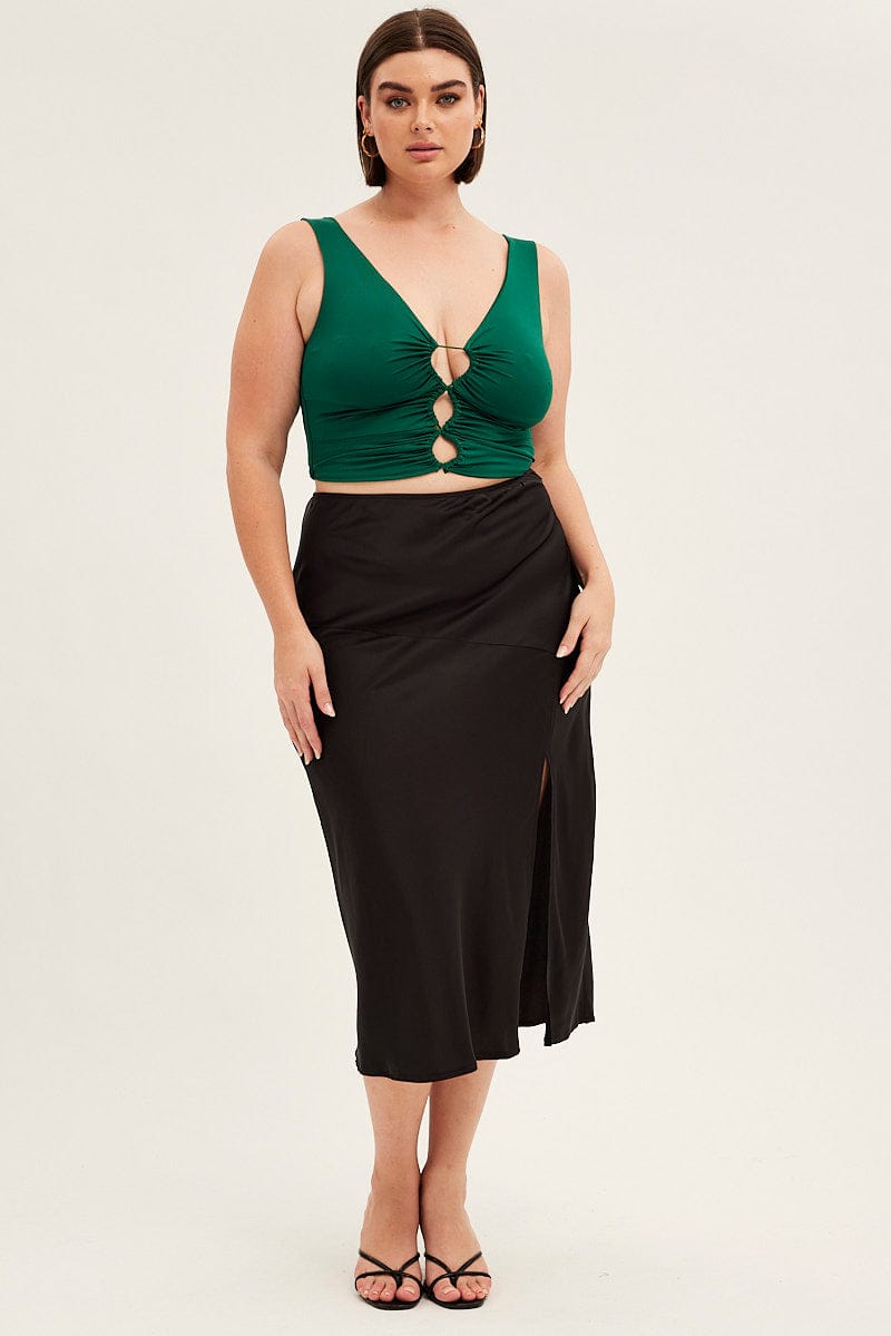 Green Crop Top Sleeveless Peephole Front Detail Jersey for YouandAll Fashion