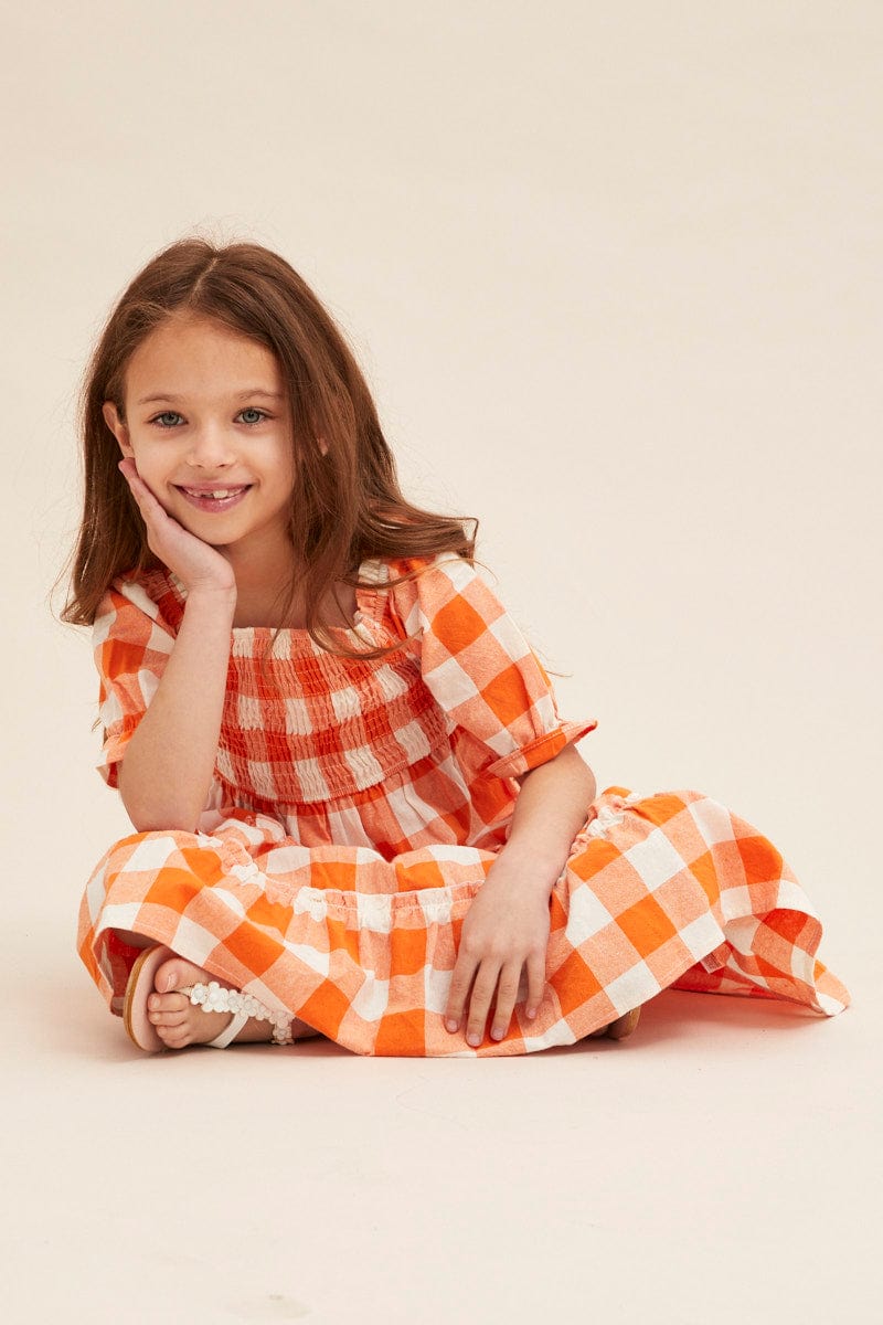 CHECK Kids Short Sleeve Check Shirred Midi Dress