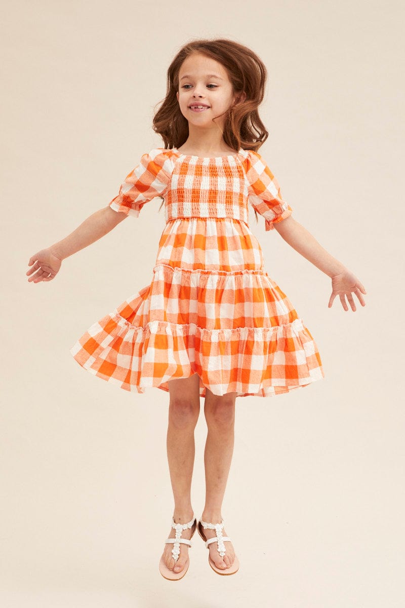 CHECK Kids Short Sleeve Check Shirred Midi Dress